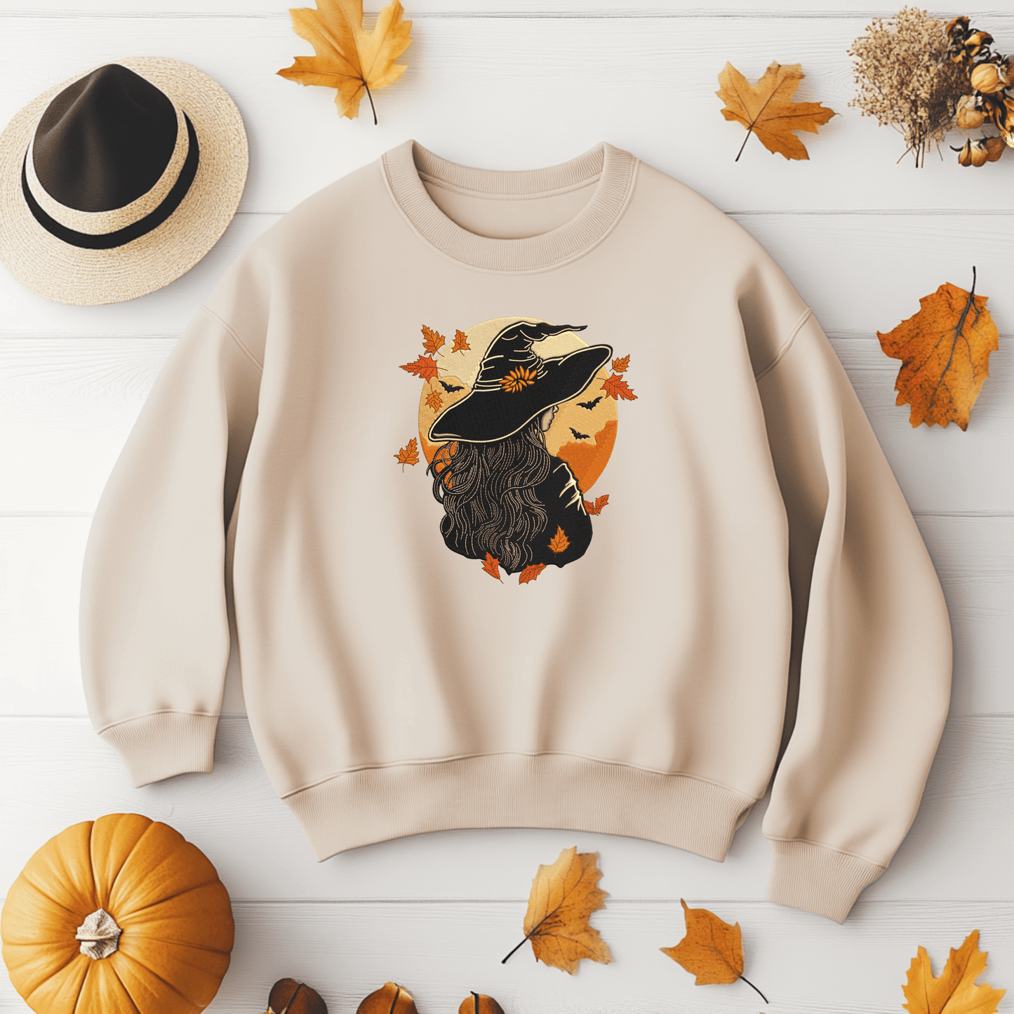 Machine embroidery witch silhouette design for jackets and home decor