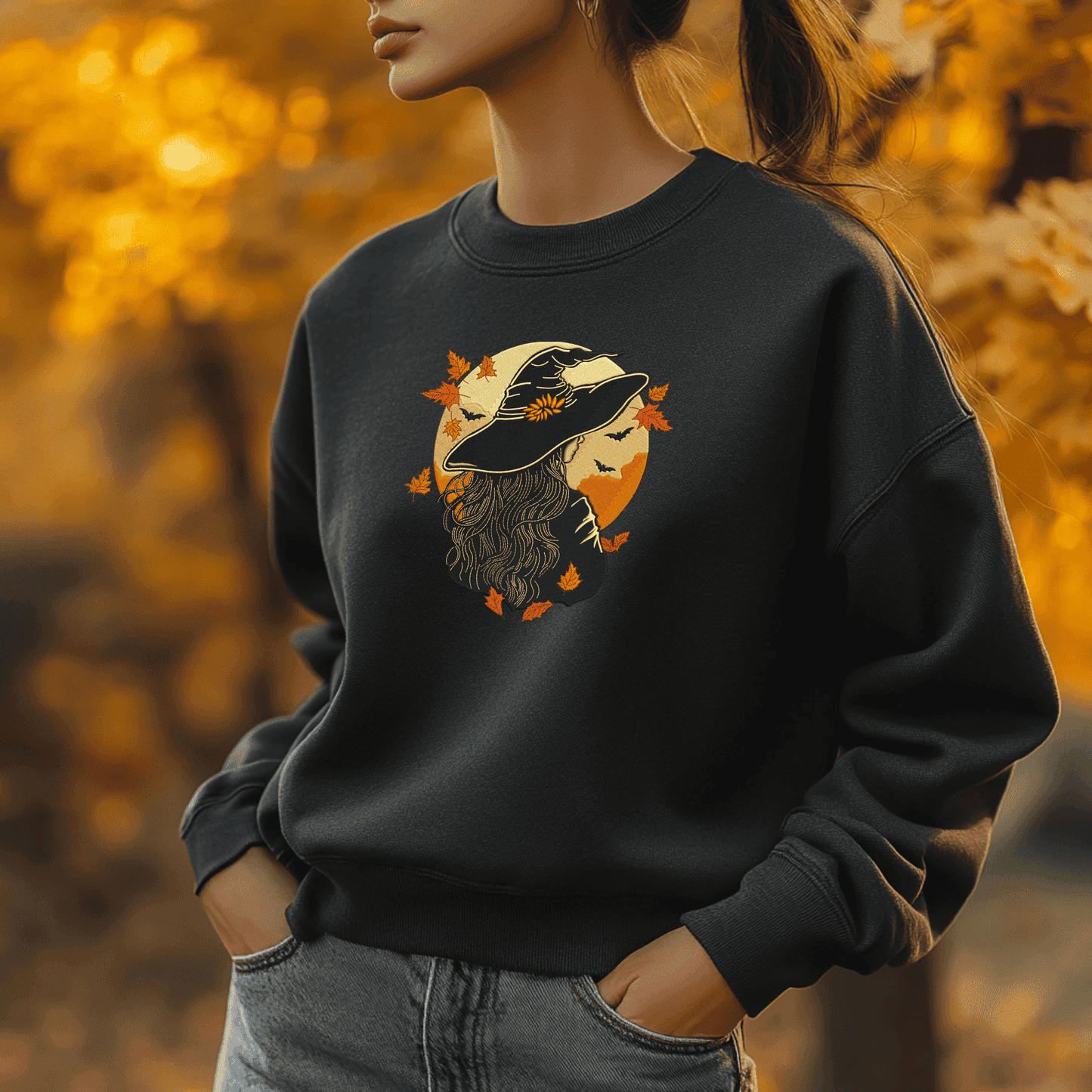 Elegant witch embroidery file with long hair, hat, and detailed stitching