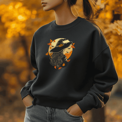 Elegant witch embroidery file with long hair, hat, and detailed stitching