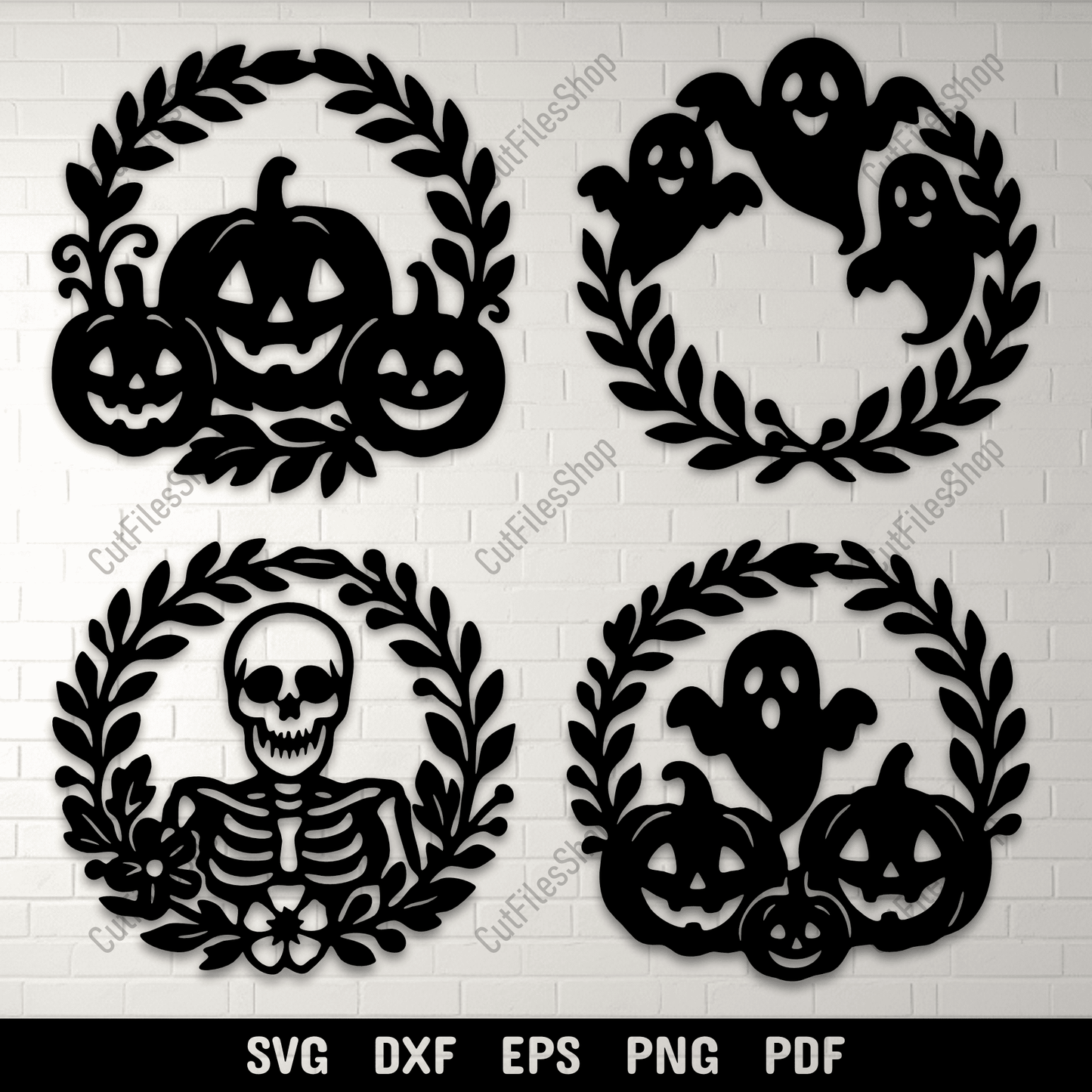 Halloween wreath SVG cutting file with pumpkins and ghosts