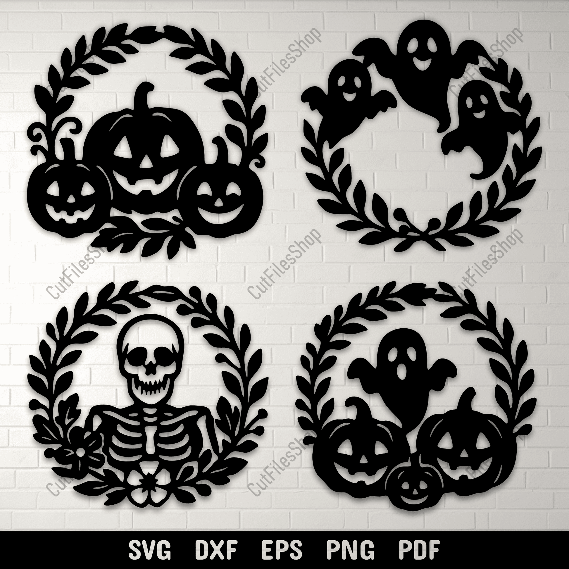 Halloween wreath SVG cutting file with pumpkins and ghosts