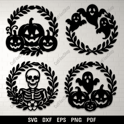 Halloween wreath SVG cutting file with pumpkins and ghosts