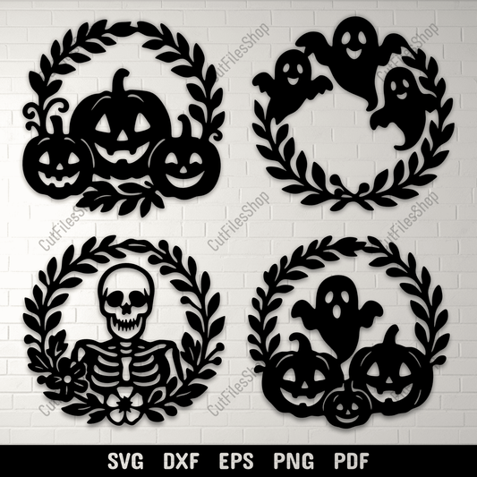Halloween wreath SVG cutting file with pumpkins and ghosts