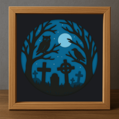Graveyard scene 3D shadow box with owl and full moon cutting files, Layered Svg Dxf Eps Pdf
