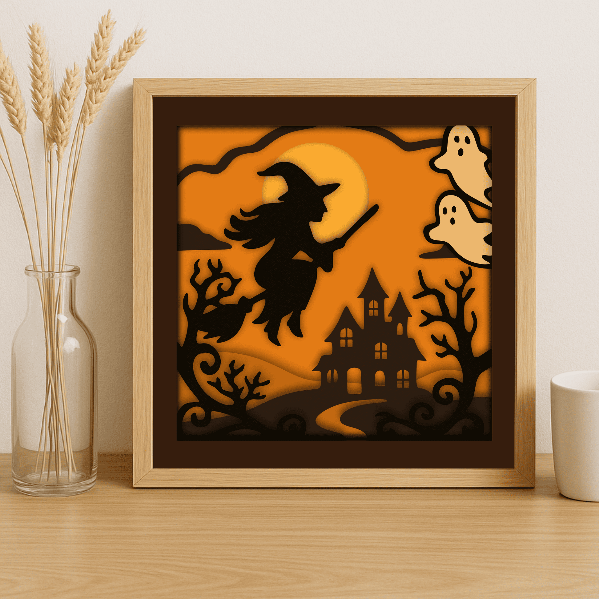 Flying witch and ghosts Halloween paper cutting multilayer design