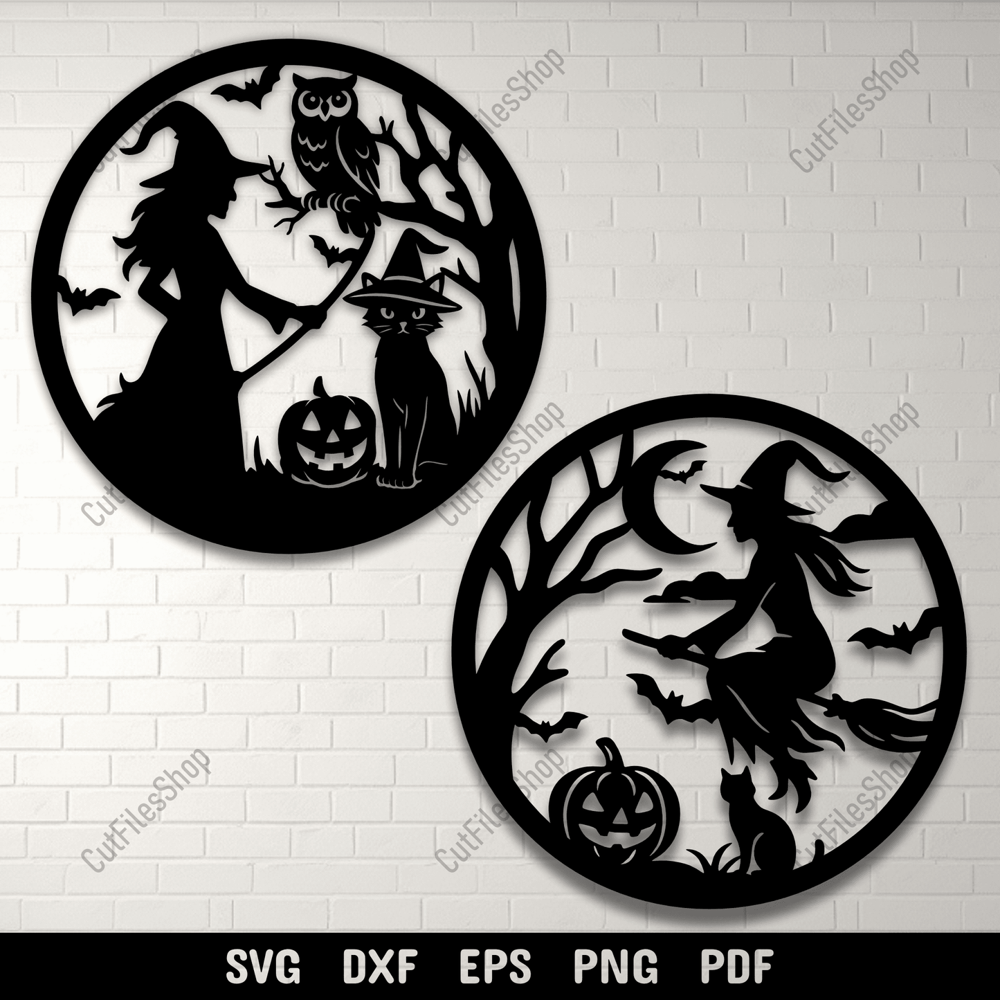 Halloween witch round SVG with cat and pumpkin