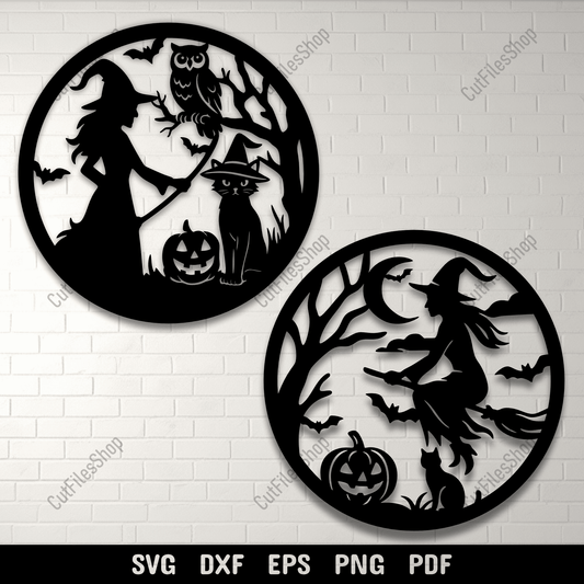 Halloween witch round SVG with cat and pumpkin