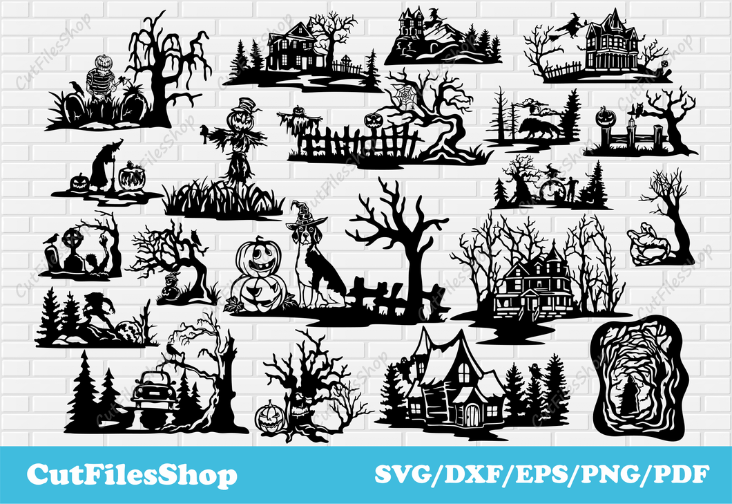 Halloween scenes dxf files for Laser, Halloween bundle svg files for Cricut, Halloween decor dxf, Haunted House dxf, fall scene dxf, halloween dog, pumpkins dxf for laser, scarecrow dxf svg, zombie svg art, ghosts svg, witches svg files for cricut, halloween tree dxf, werewolf svg, pumpkins scenes dxf, halloween castle scenes png, halloween cat svg for cricut, funny halloween scenes vector