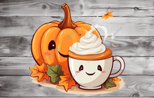 Load image into Gallery viewer, Halloween shopper png design, happy pumpkin with coffee png, halloween coffee cup, sublimation png, halloween for t shirt, jpeg halloween
