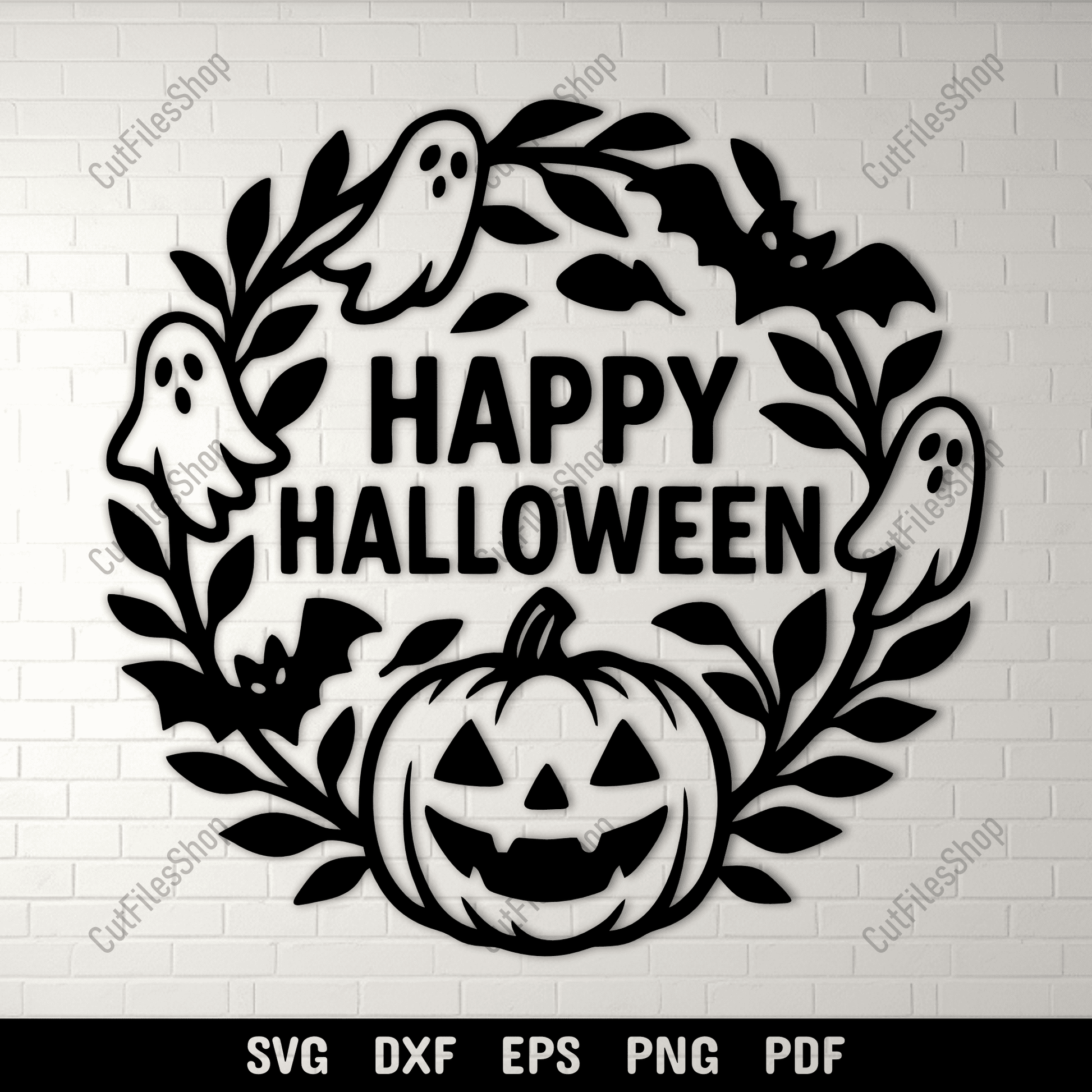 Happy Halloween SVG cutting file with ghosts bats and pumpkin