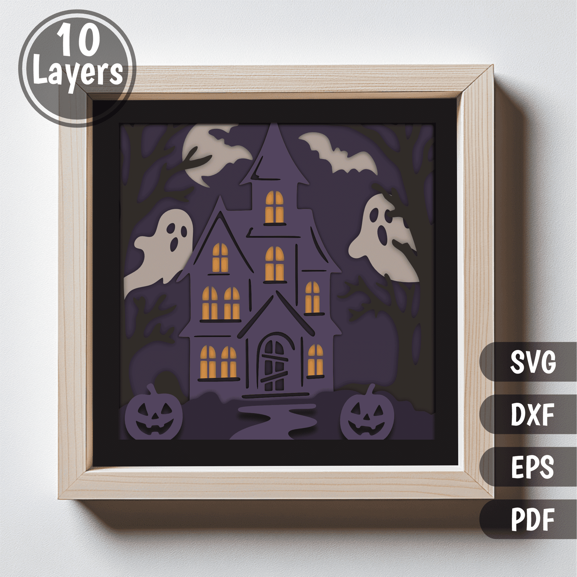 Haunted house with ghosts 3D shadow box layered SVG DXF EPS PDF design