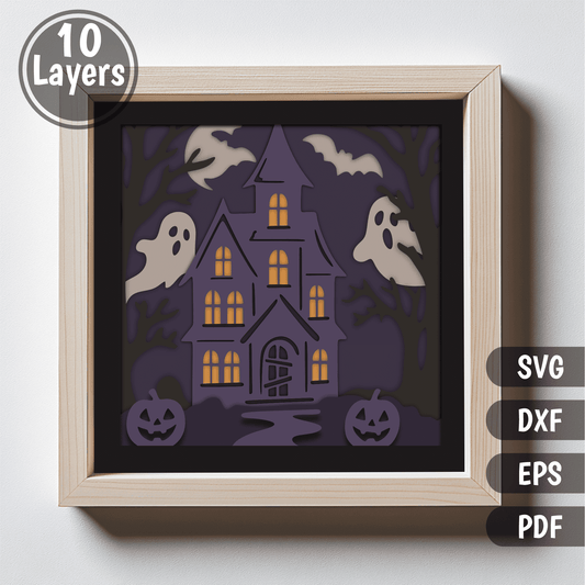 Haunted house with ghosts 3D shadow box layered SVG DXF EPS PDF design