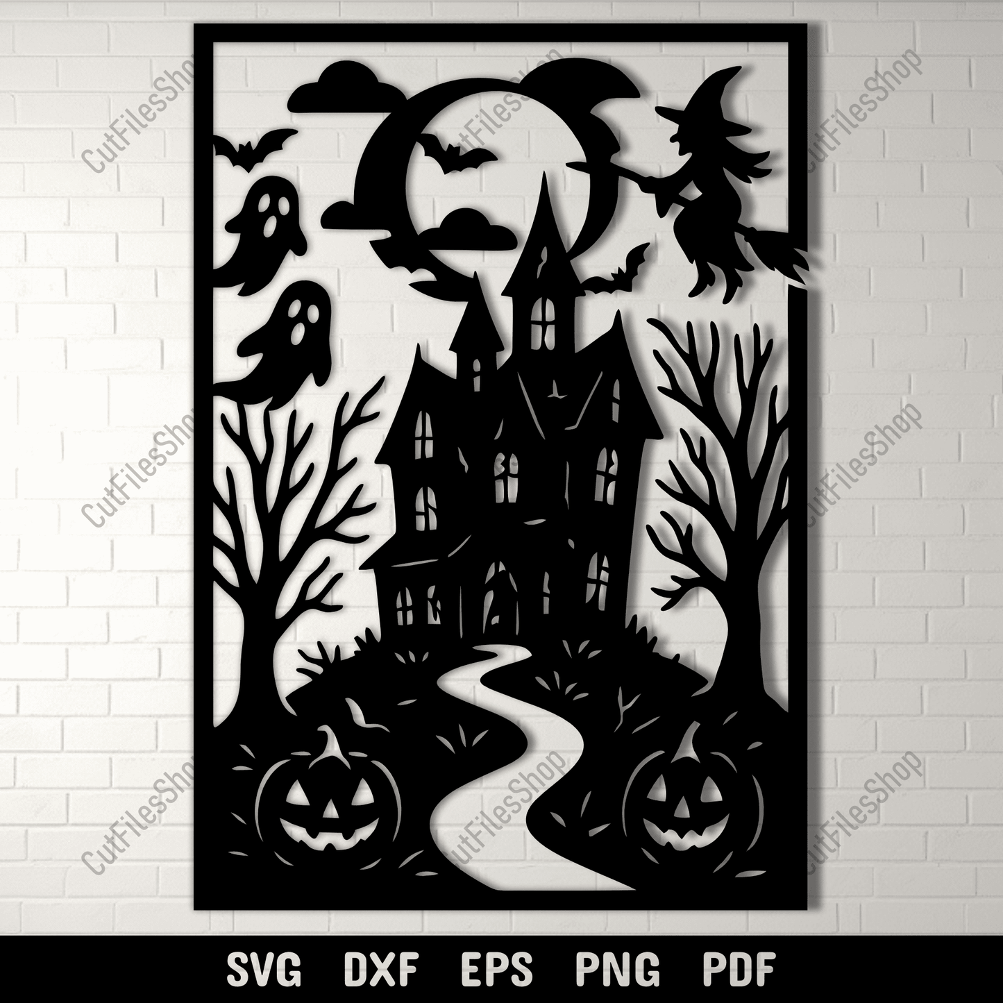 Haunted house Halloween SVG cutting file with witch and ghosts