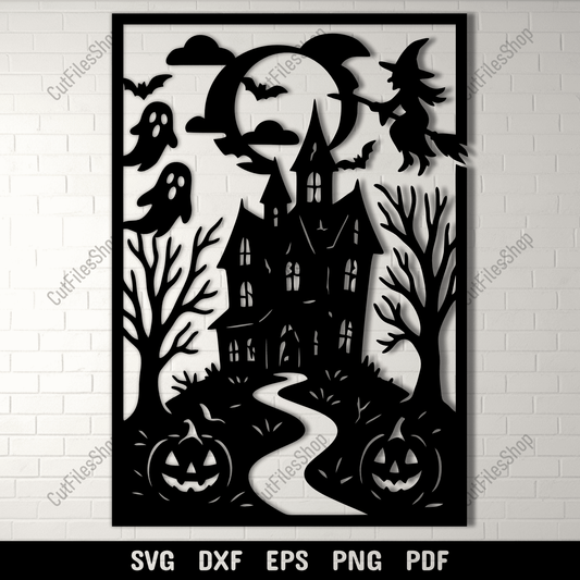 Haunted house Halloween SVG cutting file with witch and ghosts