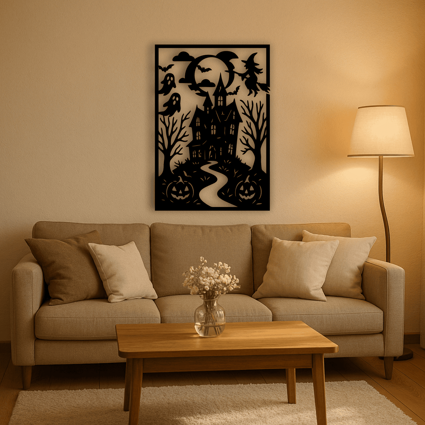Halloween DXF design with haunted mansion and pumpkins