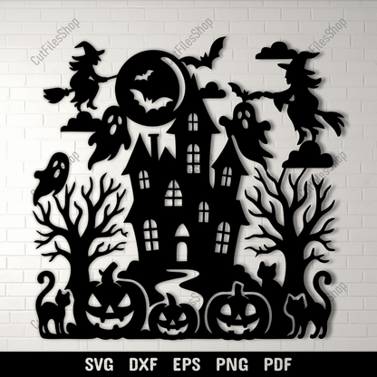 Haunted house Halloween SVG cutting file with witches and ghosts