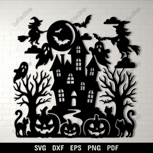 Haunted house Halloween SVG cutting file with witches and ghosts