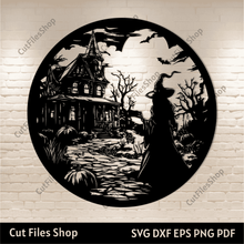 Load image into Gallery viewer, Haunted House With Witch Svg, Cricut cut files, Sublimation T-shirt design, Glowforge cut files, Halloween Laser engraving, Halloween decor DIY
