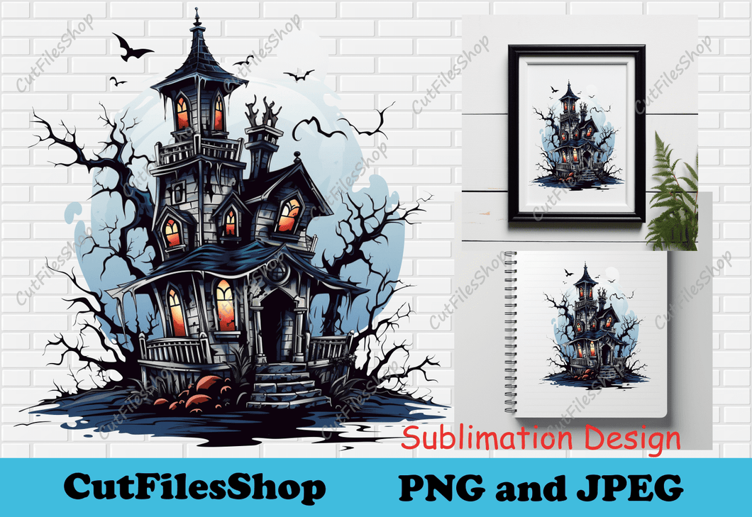 Haunted house png for sublimation, Halloween castle clipart, png for t-shirt design, Digital download png, halloween for scrapbooking