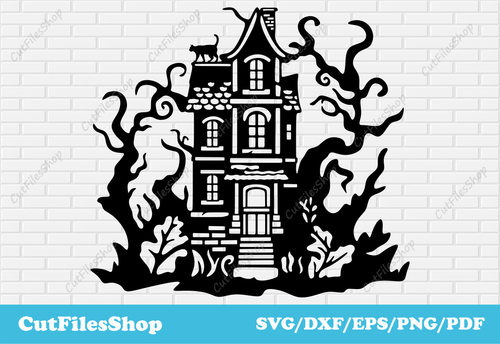 Halloween Haunted house cutting files, Silhouette Halloween, Dxf for Halloween decor, Halloween design, haunted castle svg, dxf for metal, halloween decor, sublimation design, vinyl decal svg, halloween cat svg, halloween tree, png for web design
