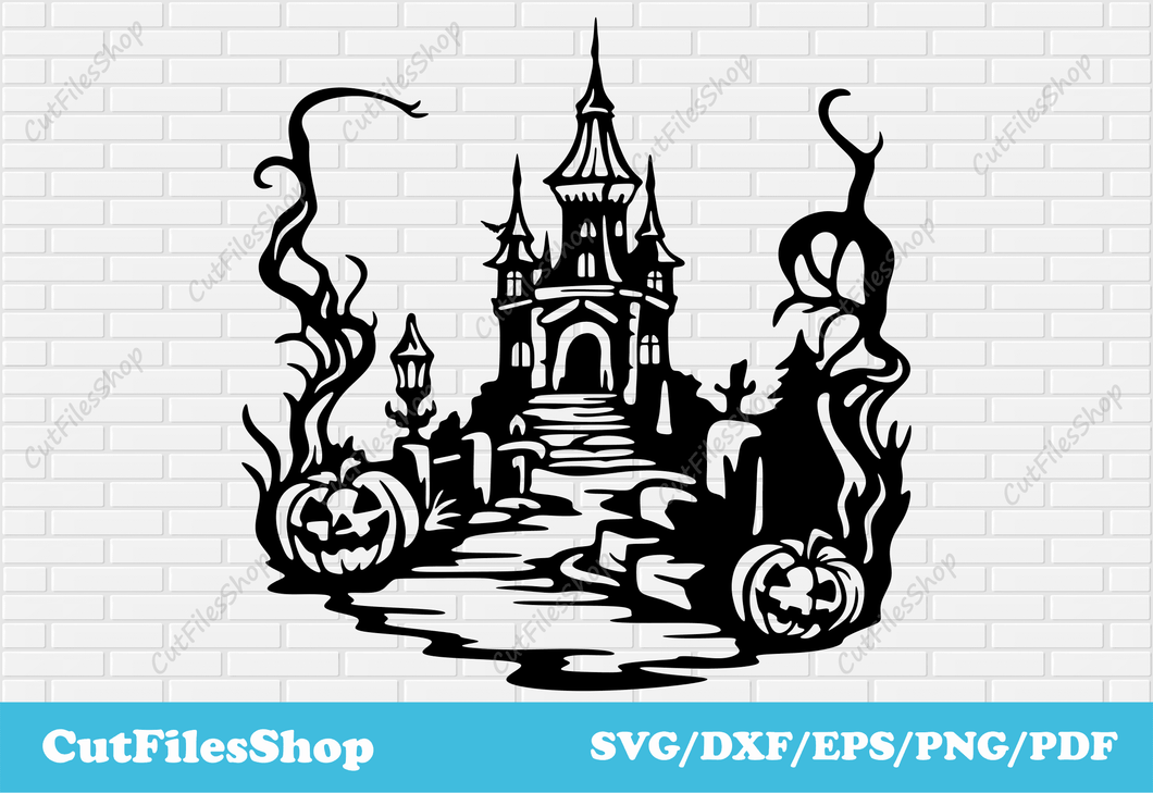 Haunted house dxf cutting files, retro Halloween scene svg, Halloween cut files for Cricut, Dxf for Halloween decor, Fantasy svg, hallooween for laser, halloween pumpkins svg, halloween decor 