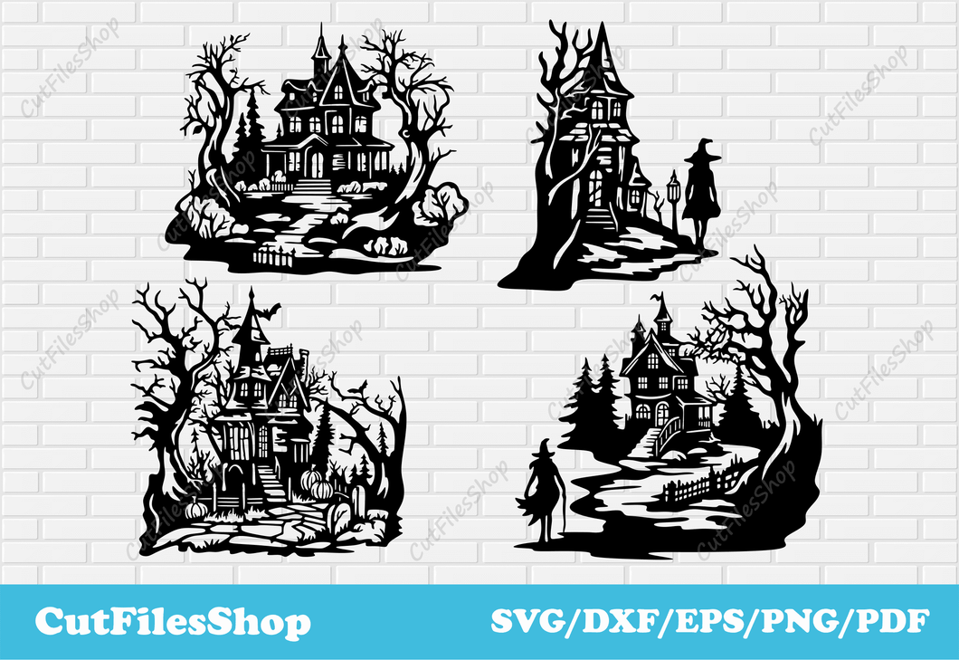 Haunted houses svg, Halloween svg, witch svg, png for scrapbooking, Halloween dxf for laser, Halloween castle svg, scary pumpkins svg, vector halloween free, svg free download, halloween cut files, scary tree svg, spooky halloween svg, funny halloween svg, halloween t shirt design, halloween decor dxf
