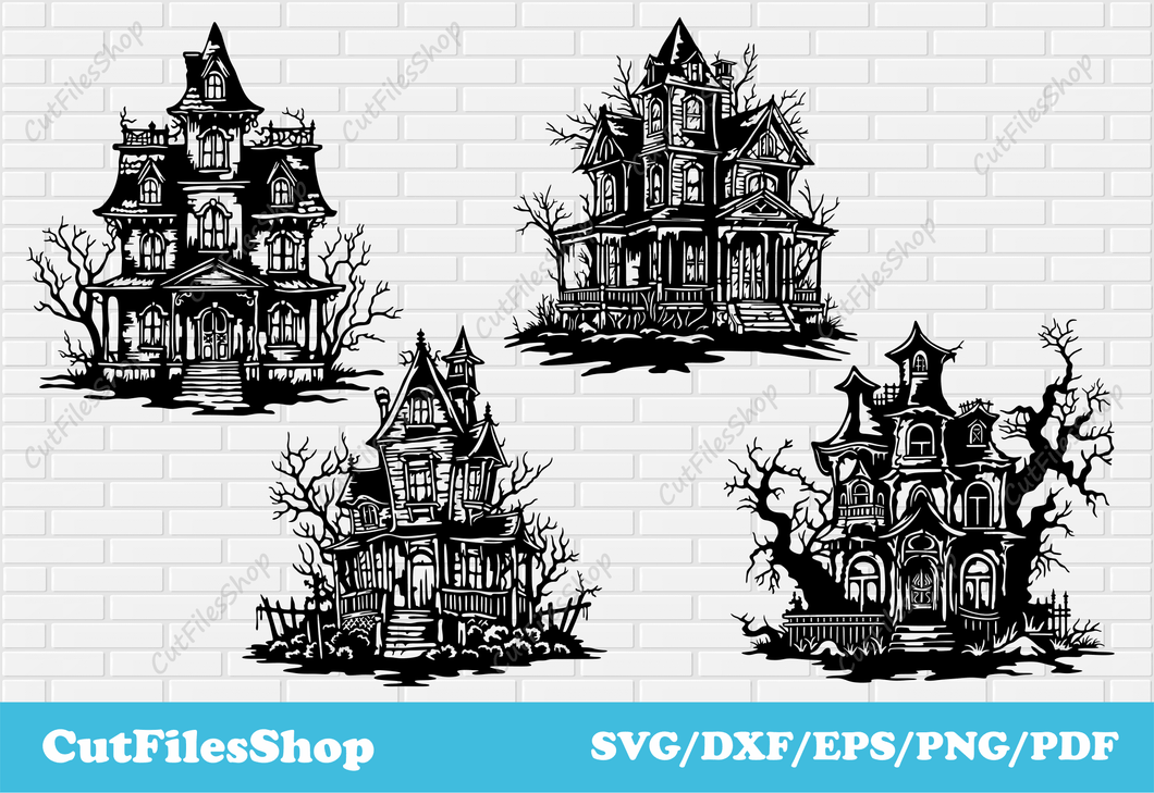 Halloween Haunted houses SVG, Dxf Halloween for laser cut, Png Halloween for sublimation, High quality cut files, spooky halloween, Halloween decorations svg, halloween cliparts, downloading dxf files, free downloading svg files, halloween for scrapbooking,  embroidery svg design, dxf for cnc router, halloween stencils, halloween for cricut