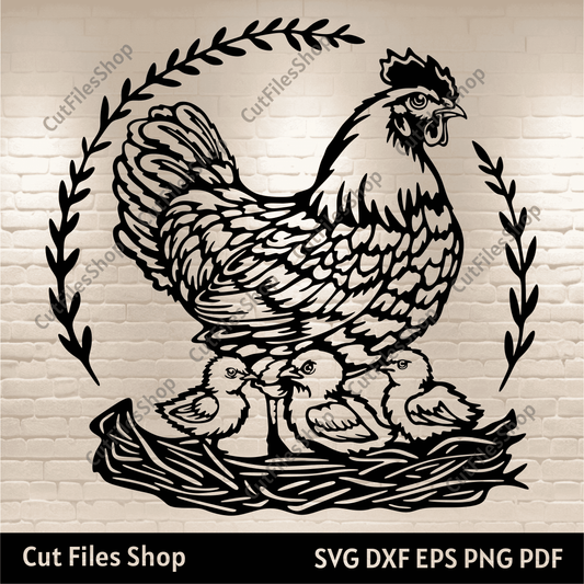 Hen With Chicks Svg files for Cricut, Dxf files for Laser, Craft Machine files, Eps file, Chicken svg, free svg files for cricut, dxf for plasma cut, vector images download, png for webdesign, photoshop png files