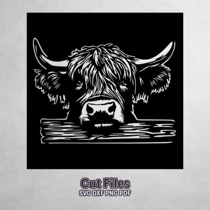 Highland cow SVG DXF laser cut design for garden fence, farm gate and decorative metal panel.