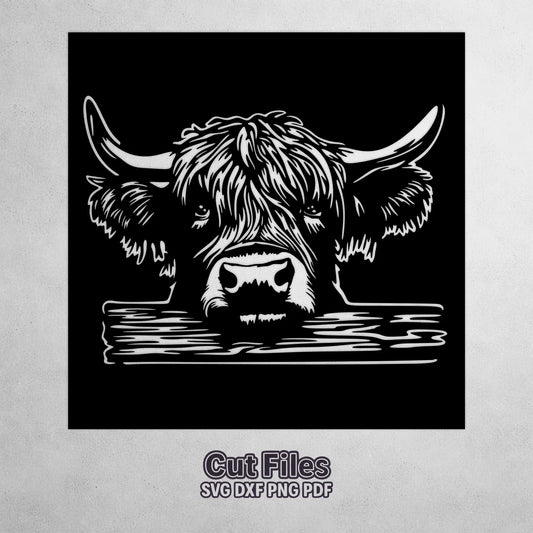 Highland cow SVG DXF laser cut design for garden fence, farm gate and decorative metal panel.
