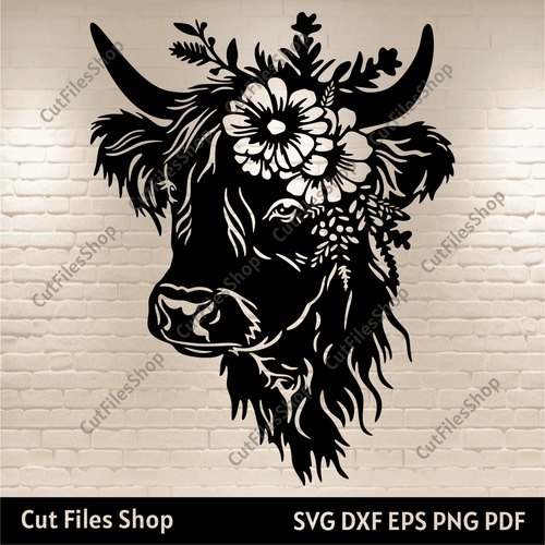 Floral Highland cow SVG, Cut files for Cricut, Dxf for Laser cut, Cute cow Svg, Cow for Silhouette, cow dxf for plasma, cow cdr for laser, sublimation design, dxf for inkscape
