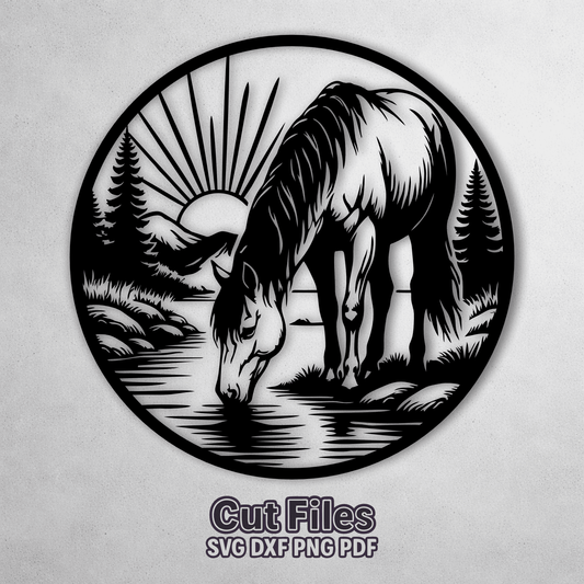 Horse drinking at river SVG for laser cutting