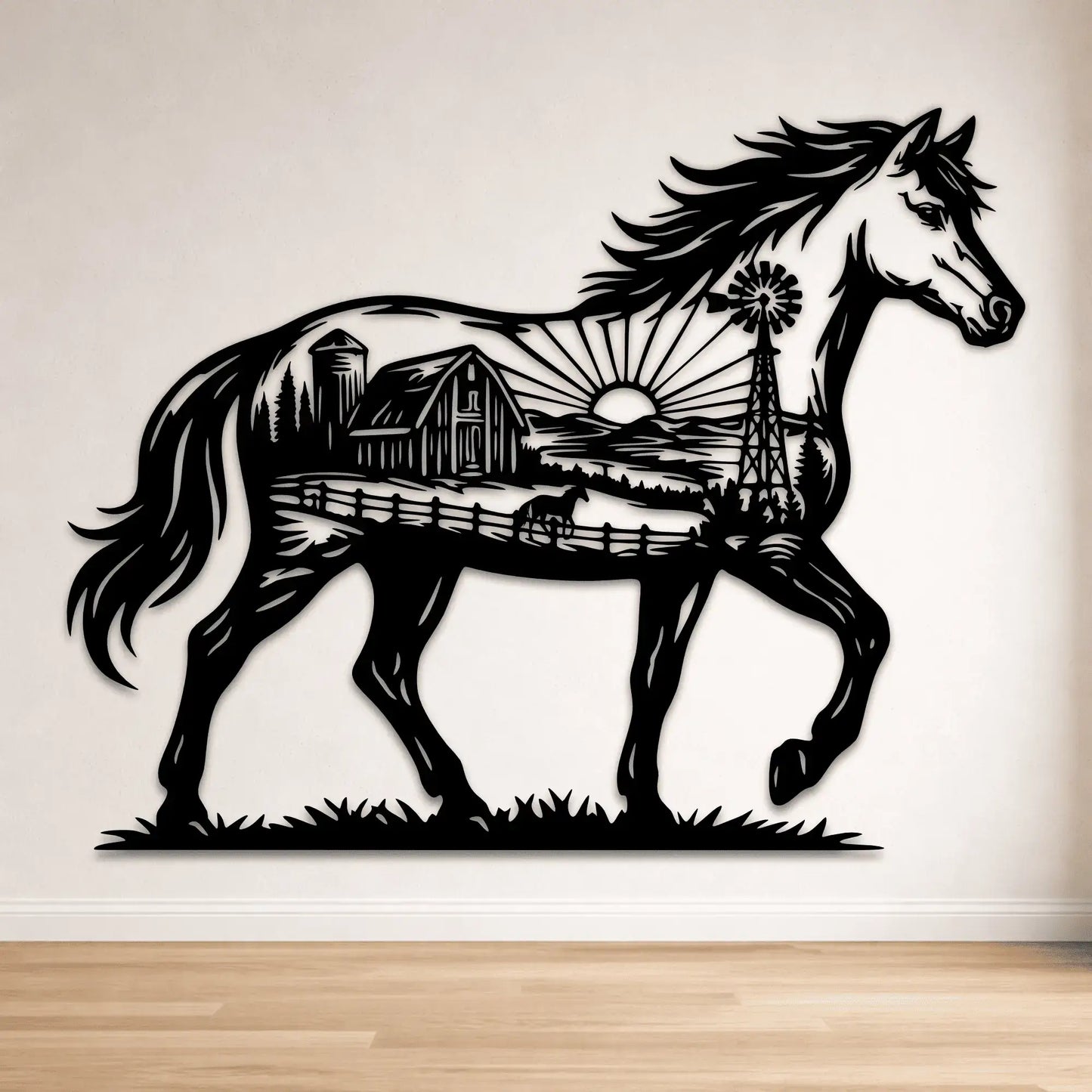horse silhouette with farm landscape svg
