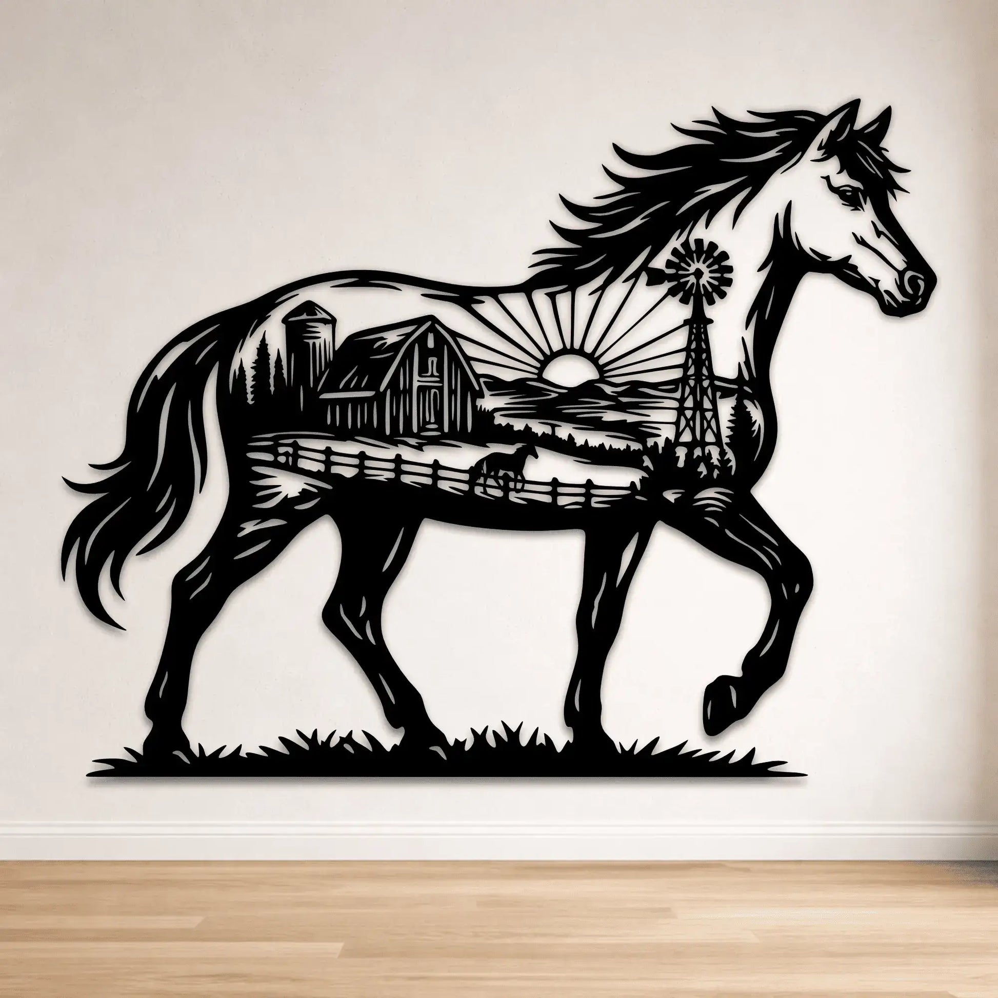 horse silhouette with farm landscape svg