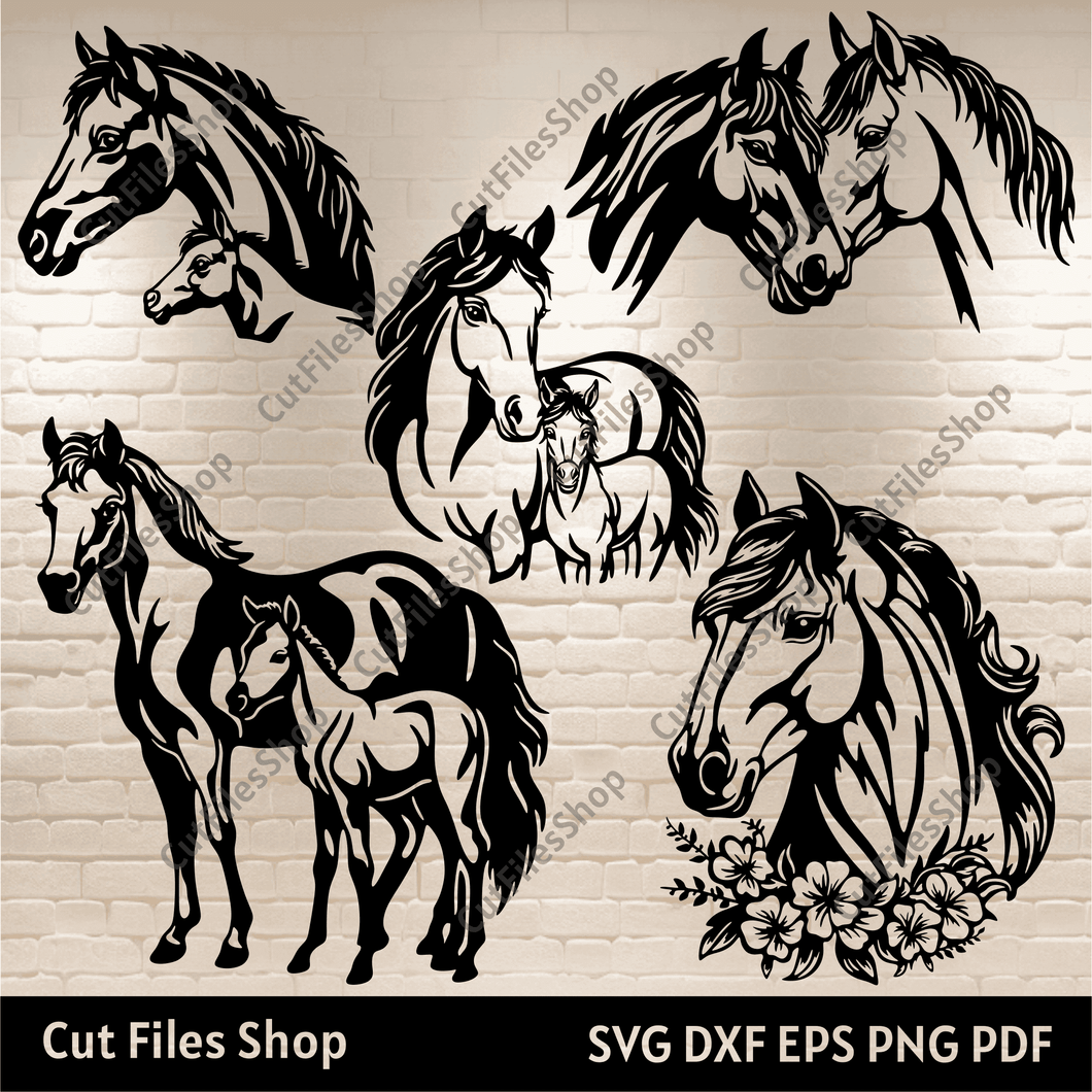 Horses Dxf files for Cnc router, Horses svg cut files for Cricut, Wall metal decor dxf, Horses silhouette cut files, floral horse svg, cnc cutting files, wall decor horse dxf, horse dxf for plasma cut, cut files shop, svg files, dxf files