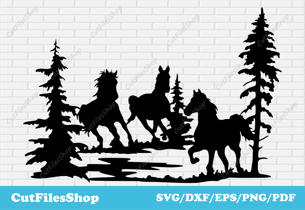 Horses scene dxf for Plasma cut, DXF For CNC, metal art dxf files, cnc design dxf files, Free laser cut files, Horses decor dxf, wild horses dxf, embroidery designs, metal laser cutting design dxf, nature scene dxf, nature decor dxf, free svg files, svg files, dxf files