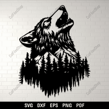 Howling wolf SVG DXF PNG with forest and mountain scene