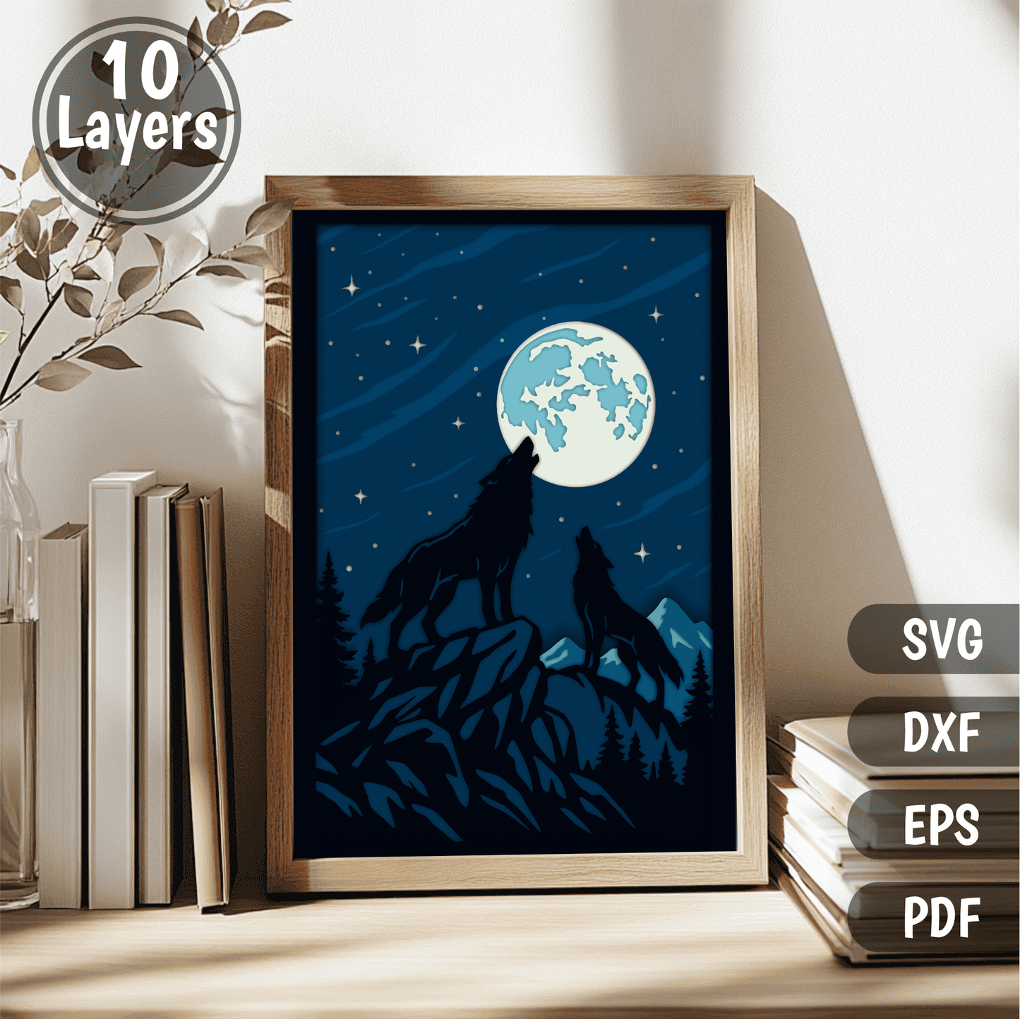 Wolves howling at the moon 3D shadow box layered SVG DXF EPS PDF design