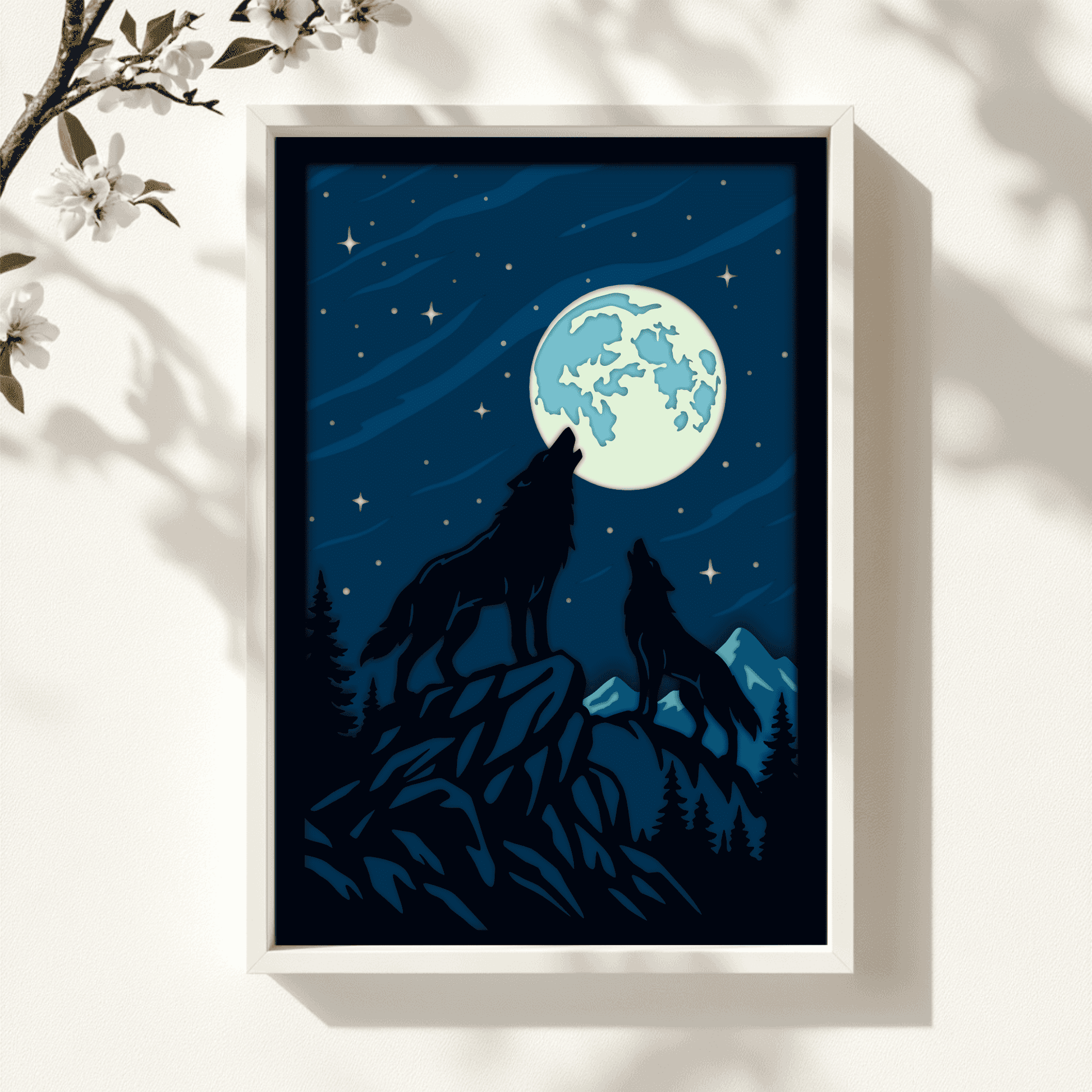Wildlife wolf 3D shadow box with moon and mountain scene for laser cutting