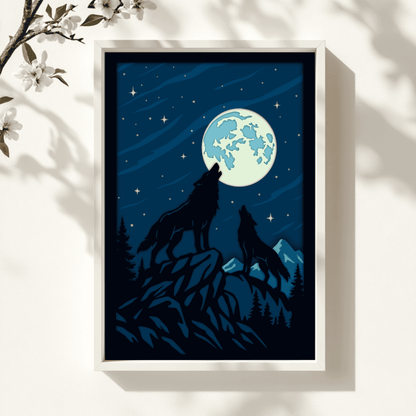 Wildlife wolf 3D shadow box with moon and mountain scene for laser cutting