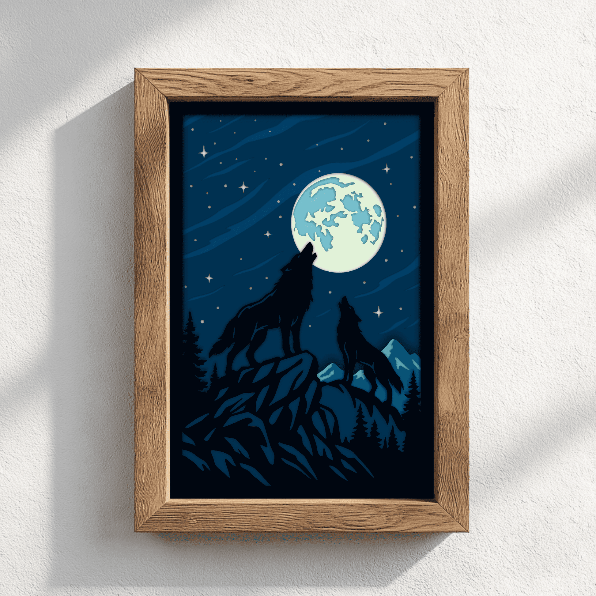 Layered wolves and moon SVG DXF EPS PDF nature papercraft design