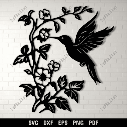 Hummingbird with flowers metal wall art silhouette design