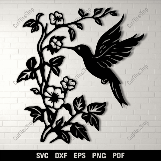 Hummingbird with flowers metal wall art silhouette design