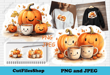 Load image into Gallery viewer, Huppy pumpkins png for sublimation, t-shirt design, pumpkins sticker, baby pumpkins png, funny pumpkins for sticker, png for web design, printable files, pumpkins with coffee png, pumpkins for scrapbooking
