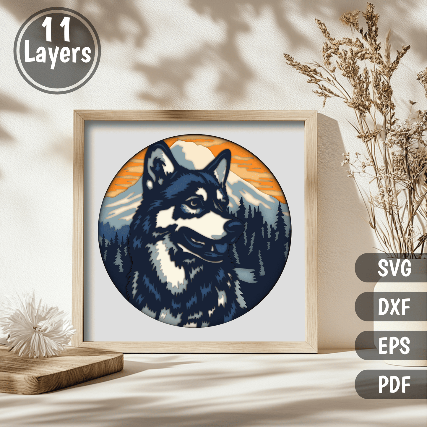 3d Husky shadow box svg forest mountain layered artwork