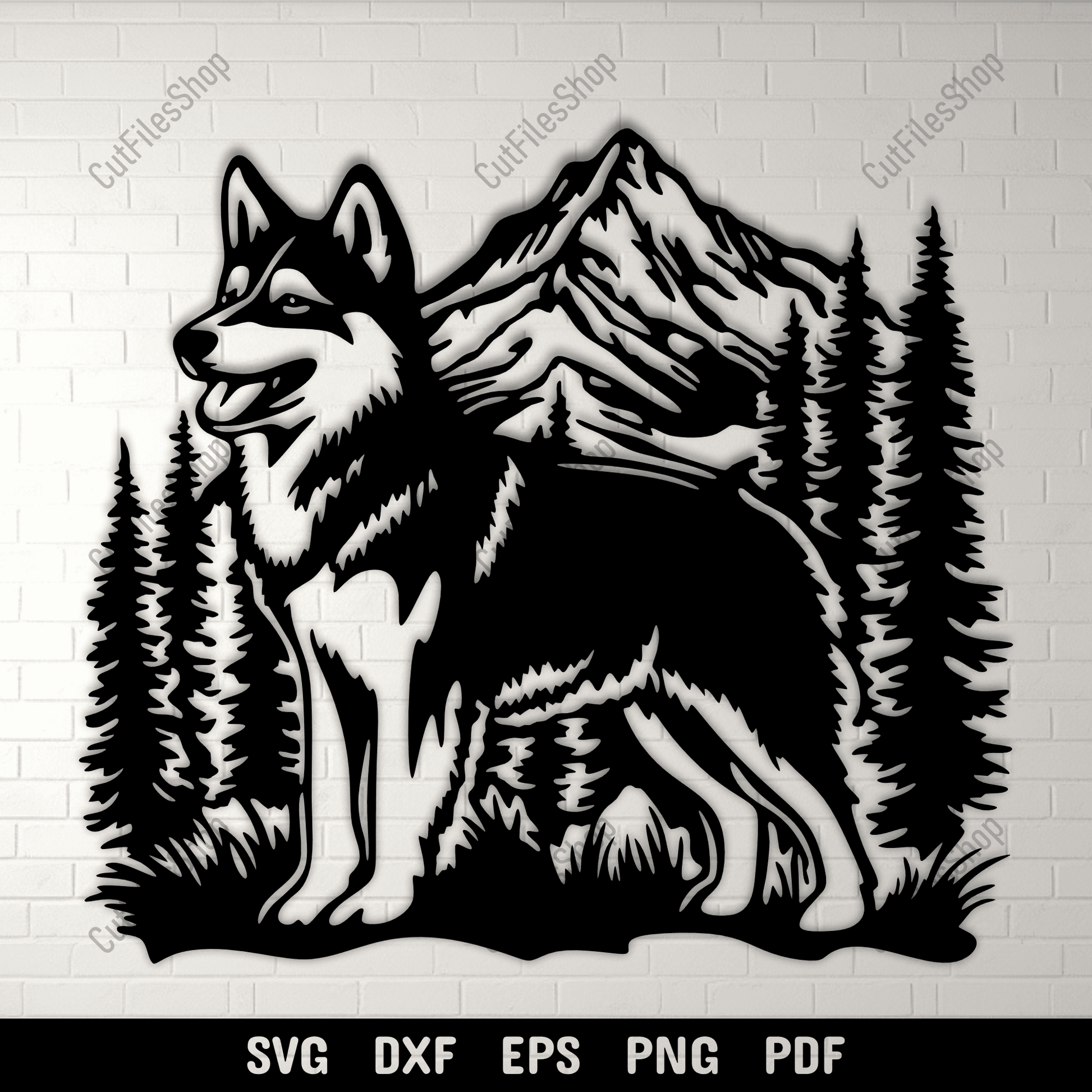 Husky dog silhouette with mountain and forest scene