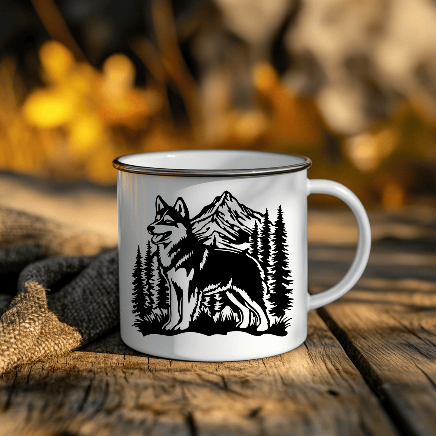 Wolf dog metal wall art with pine trees