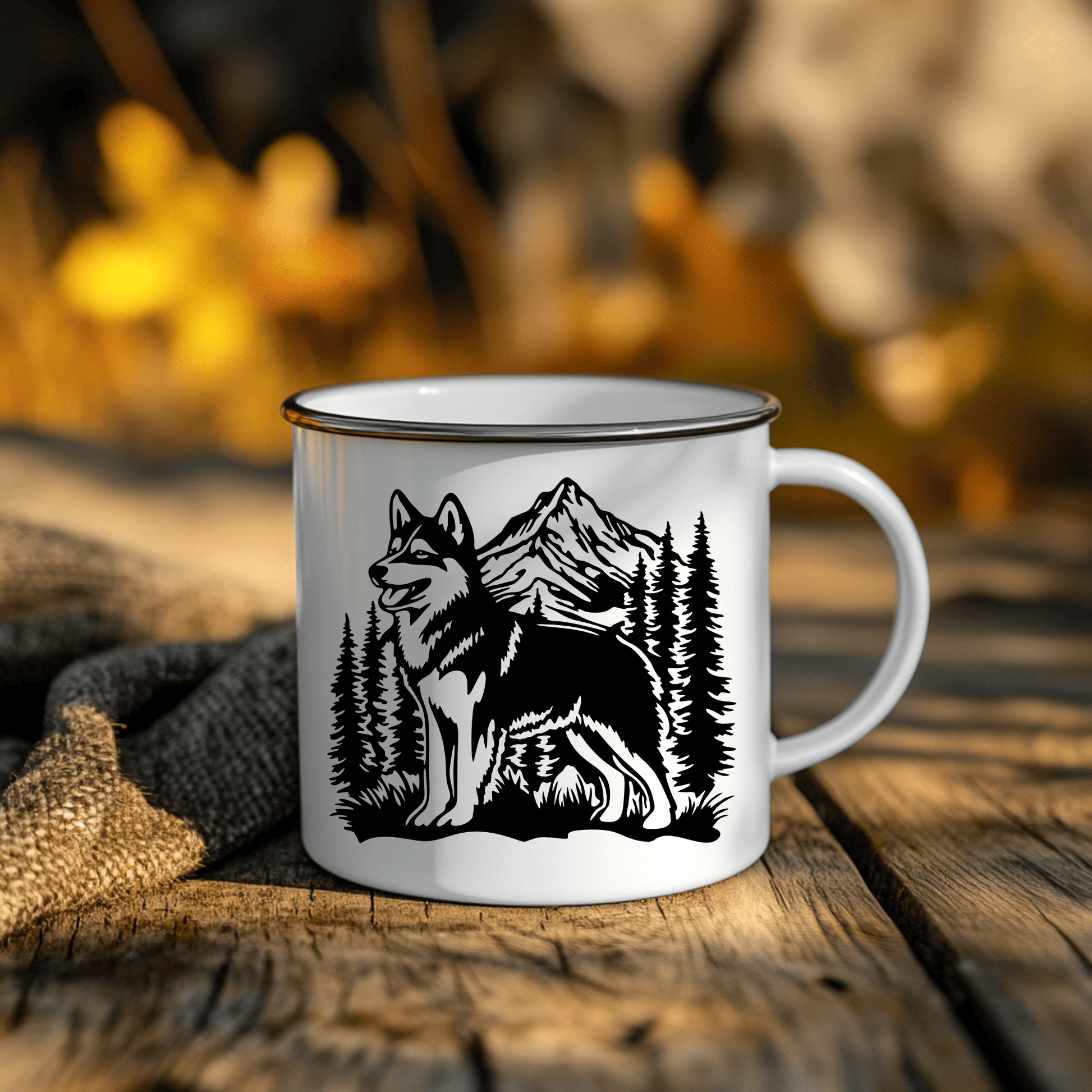 Wolf dog metal wall art with pine trees