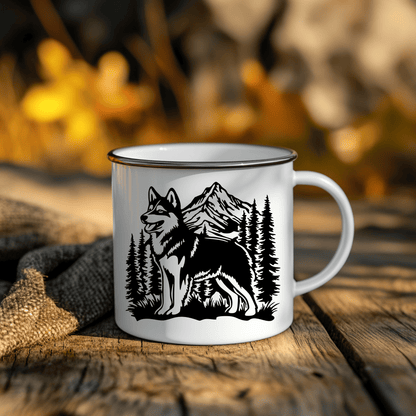 Wolf dog metal wall art with pine trees