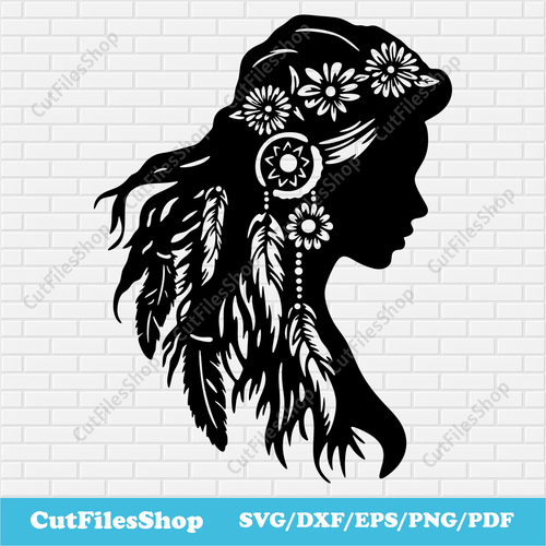 Native American Girl svg, Indian Clipart, Boho svg design, dxf for cnc laser cut, Svg for Sublimation, svg for Cricut, indian girl svg, Indian Headdress Svg File, girl with flowers svg, dxf for plasma, wall decor dxf, dream catcher svg, bohemian svg, flowing hair svg, indian svg